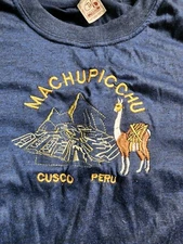 Vintage Mens L Llama Machu Picchu Cusco Peru Blue Embroidered T Shirt 