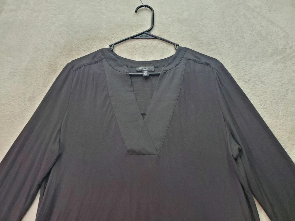 Kenneth Cole Blouse Top Womens Medium Black Viscose Long Sleeve V Neck High Low - Imagem 4 de 4