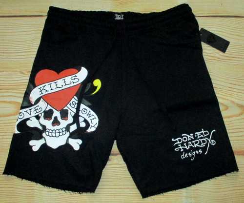 MENS ED HARDY TATTOO LOVE KILLS SLOWLY DRAWSTRING BLACK SWEAT SHORTS SIZE M