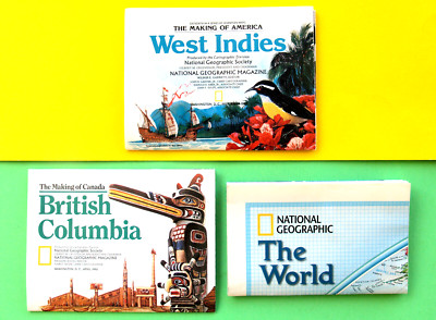 3 NATL. GEOGRAPHIC MAPS WORLD SATELLITE WEST INDIES + BRITISH COLUMBIA 2 SIDES