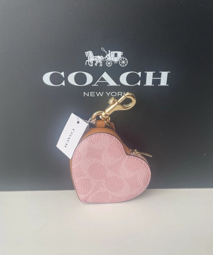 Coach Heart Bag Charm In Signature Canvas CEA22 Gold/Powder Pink