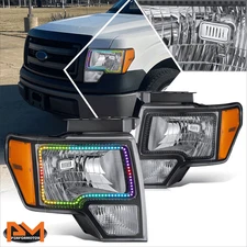 For 09-14 Ford F-150 FX4 RGB LED Halo DRL Black Housing Amber Corner Headlights