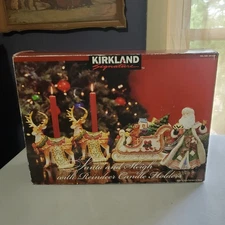 NEW Kirkland Signature Ceramic Santa & Sleigh with 2 Reindeer Candle Holders  