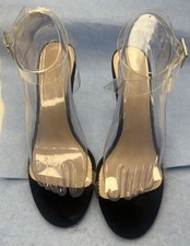 Women's Clear Strappy Crystal Block High Heels Sandals Size 7