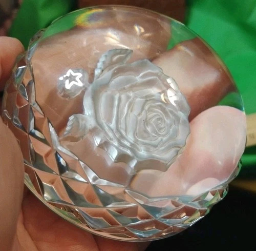 Vintage 3 1/2" Signed WATERFORD Ireland Crystal ROSE Etched Dome Paperweight