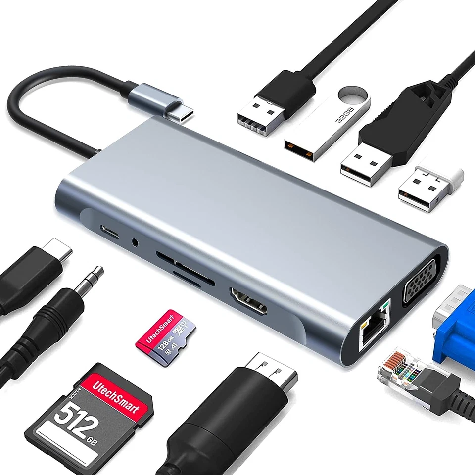 11in1 USB C Hub 4K HDMI Docking Station VGA SD TF Adapter Gigabit Eth LAN RJ45 - Bild 3 von 4