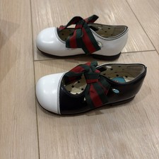 Gucci Kids Black White Leather Mary Jane Shoes with Ribbon
