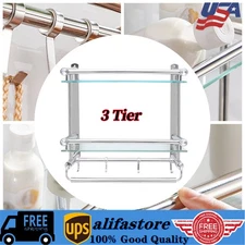 Bathroom Shelf Tempered Glass Floating Shelves Wall Mounted Storage + Towel Bar