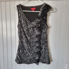 Elle Dressy Work Tank Blouse Ruffle Women's S Gray Black Geometric Print Lined 
