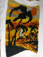 Vtg Completed Latch Hook Shag Yarn rug Island Sun Sail Palm Retro Decor 20  x27  