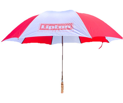 Vintage Lipton Tea Golf Umbrella Red and White Wood Handle and Shaft 4 ft W READ
