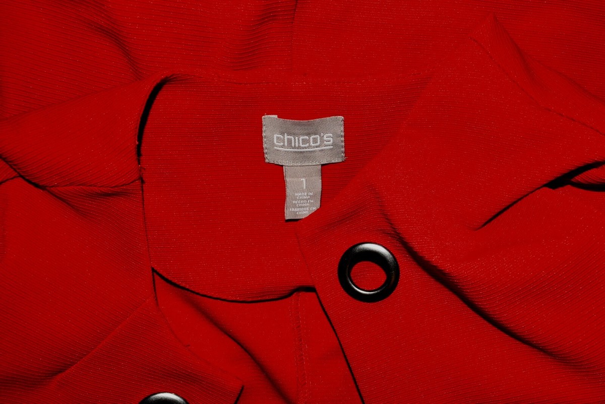 Chicos Sz 1 Jacket Red Ribbed 3/4 Sleeve Open Front Grommet Blazer