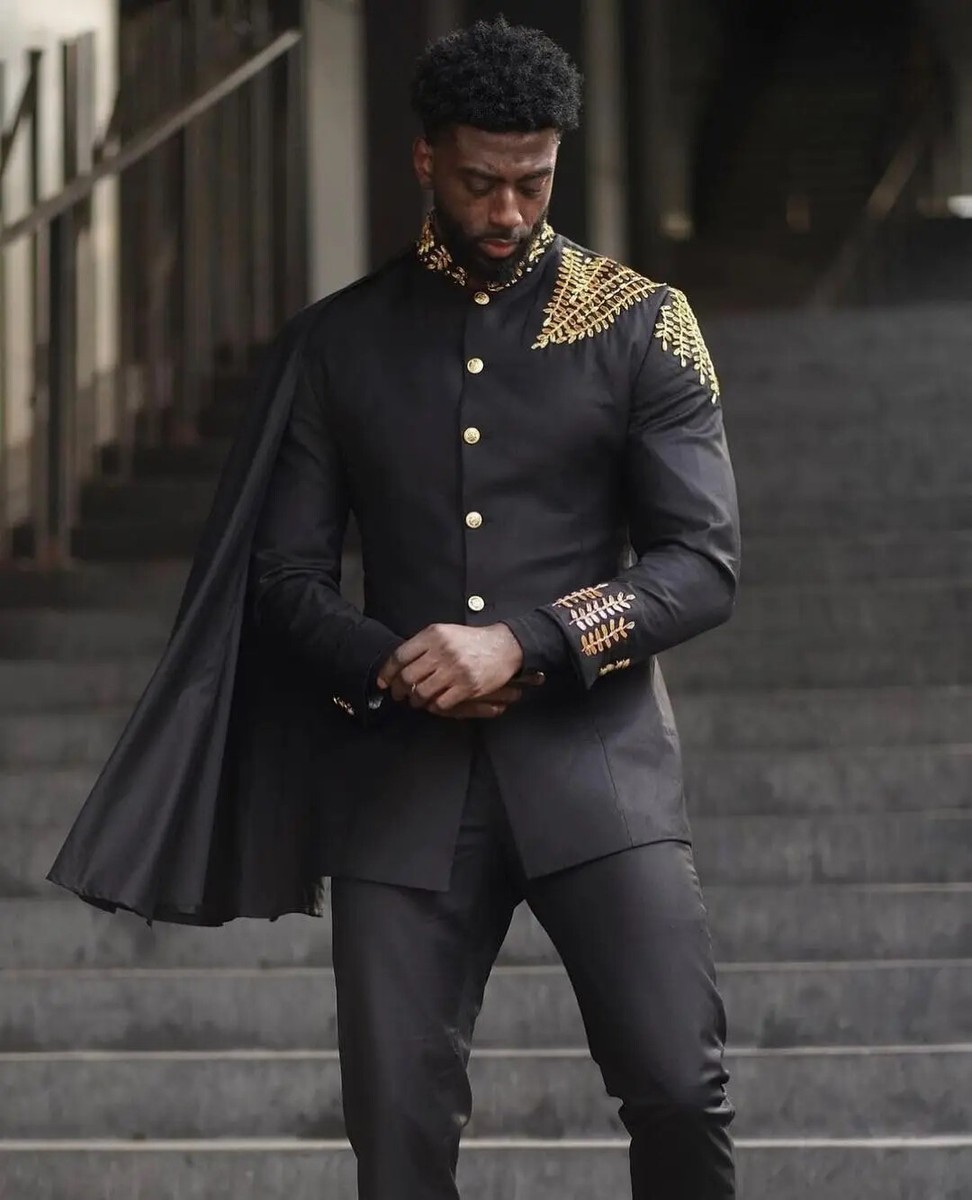 African Black Men Suits with Cape Standing Collar Gold