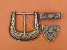 Western Belt Buckle Three Piece Set Antique Brass Floral Design Unisex 1 1/2"