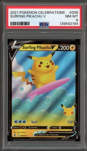 Pokemon Surfing Pikachu V Celebrations Holo Ultra Rare #008 PSA 8