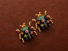 Whimsical Ladybug Earrings Beetle Museum Gold Insect CZ VTG Antique Art Boho