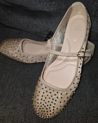 NWOT Time & Tru Nude Mesh Mary Jane Flats Gold Studded Pointed Toe Women s Size 