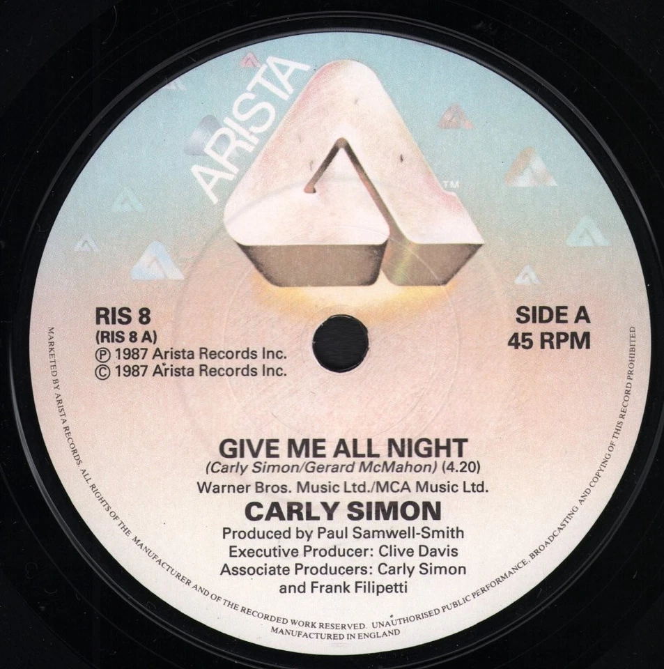 Carly Simon Give Me All Night 7" vinyl UK Arista 1987 - pic sleeve has ringwear - Image 3 of 3