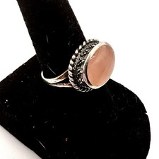 Vintage Sterling Silver 925 Oval Cabochon Rose Quartz Gemstone Size 5.5  Ring