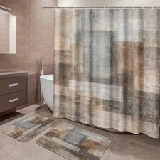 3-Piece Bathroom Set - Shower Curtain  Bath Rugs in Brown Beige Grey Decor