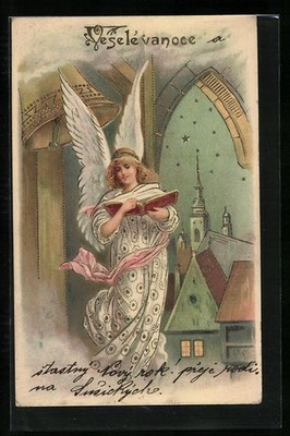 Artist postcard Easter angel with book in bell tower 