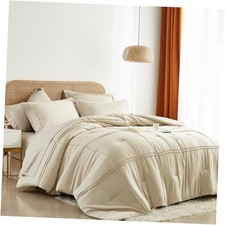 Queen Comforter Set 7 Piece Bed in a Bag,Grid Pinch 7Piece-Queen 90X90" Beige