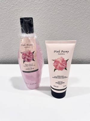 PERLIER Pink Peony Bath and Shower Gel 8.4 oz + 3.3 oz Hand Cream SEALED!
