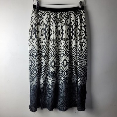 Go Silk Damen Gr. S elfenbein schwarz aztekisch ombre 100 % Seide Midi Schlitz Rock Freizeit