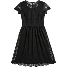 Sheer Lace Midi Dress Women S Black Floral Scalloped Short Sleeve Goth Witchy