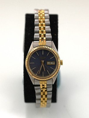 Pulsar Damenuhr Edelstahl Gelb Silber Blau Quarz WR 30 m Tag Datum