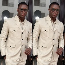 Vintage Beige Men's Safari Jackets Multi Pockets Outdoor Casual Hunting Coats