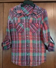 Y2K Miss Me Metallic Plaid Jewel Embroidered Fleur De Lis Button Front Shirt SzM