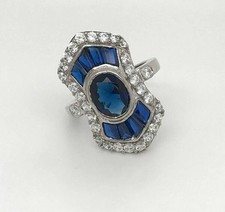 Art Deco Style Lab Created Diamond  Sapphire Engagement 14K White Gold FN Ring