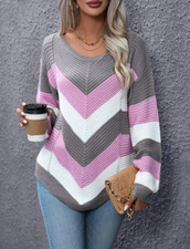 Women's Chevron Pattern Drop Shoulder Crewneck Long Sleeve Pullover