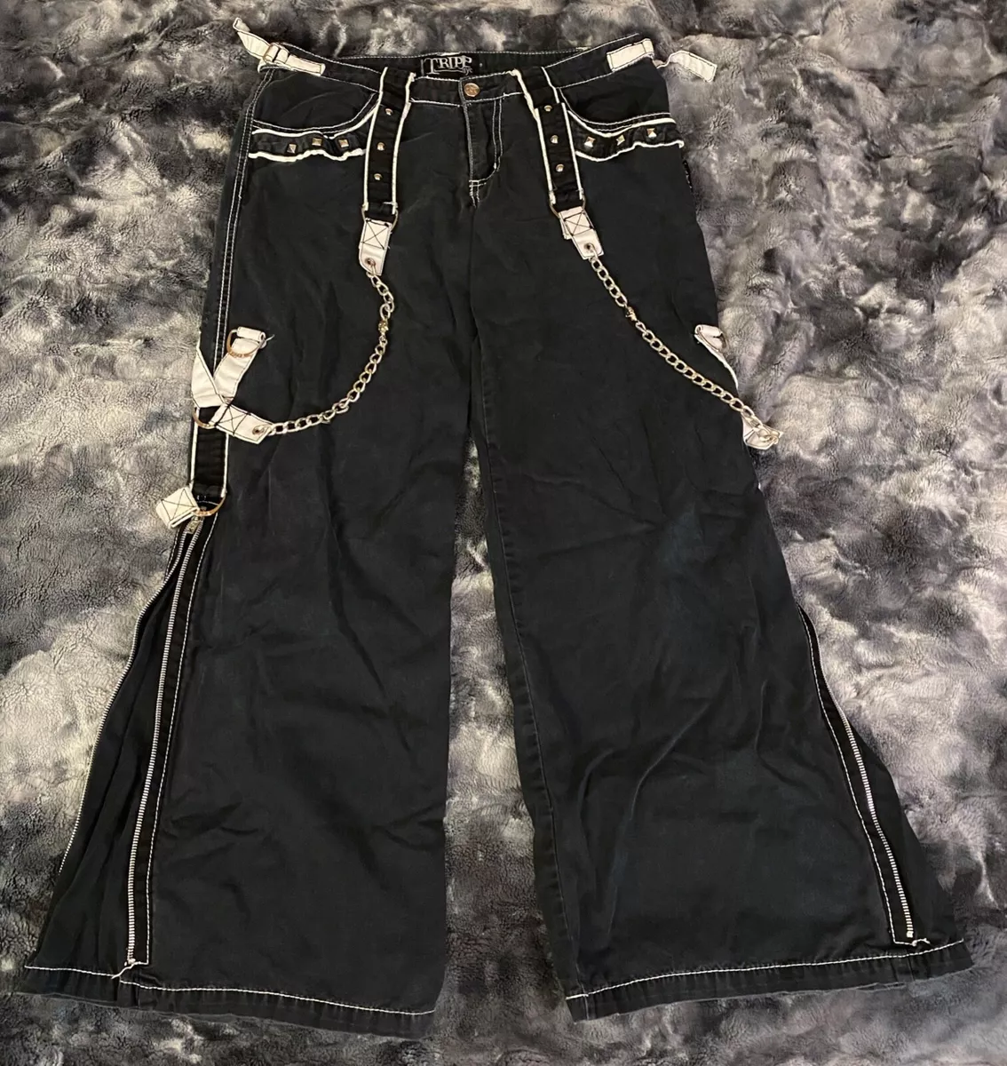 VINTAGE TRIPP NYC Black and White Bondage Pants + Chains SIZE 9 Skulls Hot  Topic