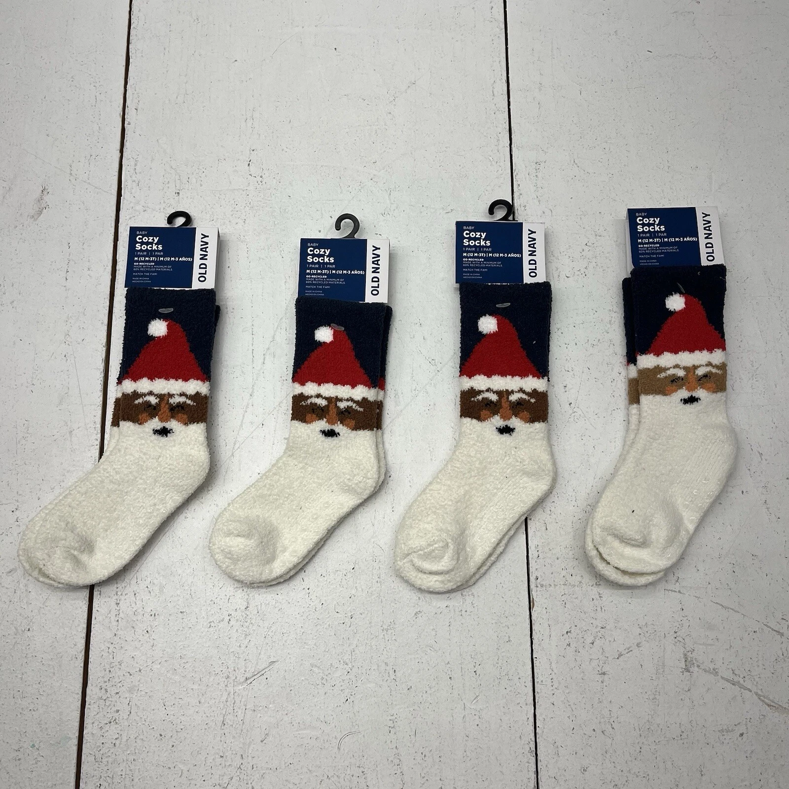 Old Navy 4 Pairs Blue White Cozy Socks Santa Claus Crew Baby Toddler 12M - 3T