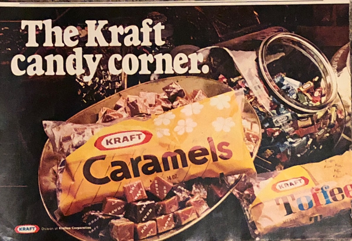 希少 1940's kraft caramels ノベルティ カルトナージュ 1974 Kraft Caramels & Toffee PRINT AD Kraft Candy Corner Dish Jar
