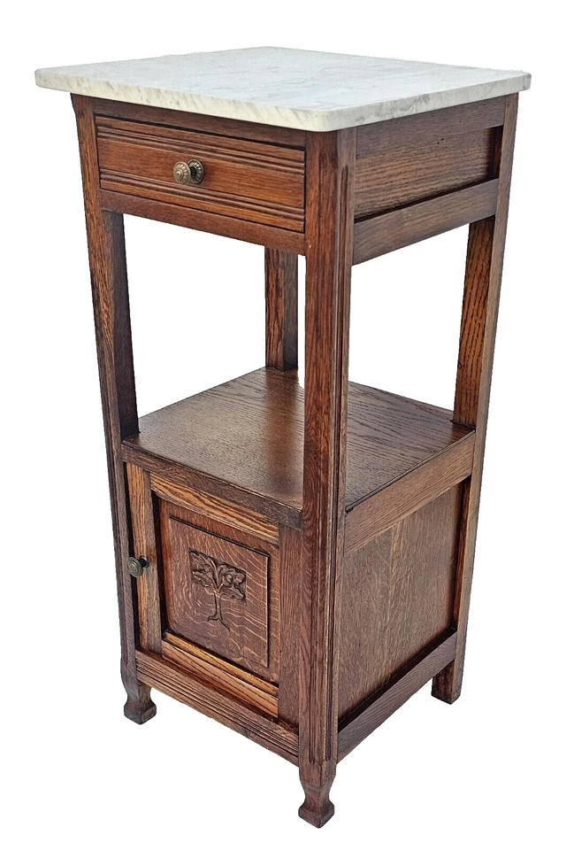 Antique 1920s French Oak Nightstand Carved Oak Tree & Acorn Design White Marble - Image 3 of 4