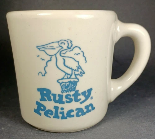 Rusty Pelican Restaurant Ware Mug Chunky Ironstone Coffee Cup USA White w/ Blue