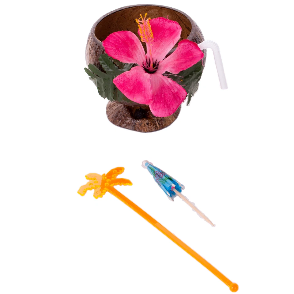 Taza de coco Luau, selección de sombrilla y agitador paquete de 4 utensilios de fiesta, marrón múltiple Foto 2 de 4