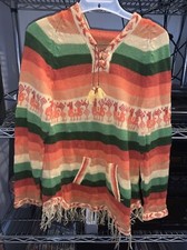 Vintage 70's Women  s Tribal Fringe Aztec Retro Hippie Hooded Sweater Poncho XS S