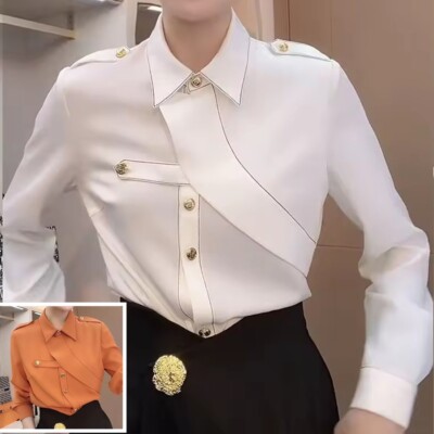 Spring Autumn Shirt Women Collar Long Sleeve Cardigan Button Asymmetrical Tops