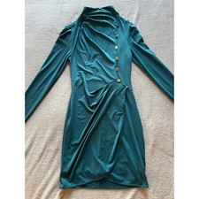 Marciano Guess Teal Bodycon Mini Dress XS Gold Coin Buttons Draped