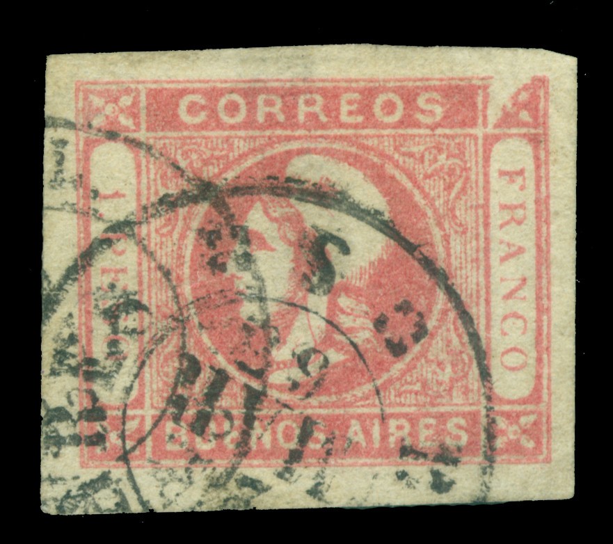 ARGENTINA 1862 Liberty Head  1p rose  Sc# 12b used XF/SUP w/printing FLAW at top