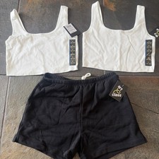 Girls Size 10-12 White Crop Tank Tops Black Shorts Outfit Set NWT Summer 3 Pc