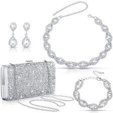 Tiamon 4 Pcs Silver Wedding Rhinestone Jewelry Sets Bling Clutch Purse Neck...