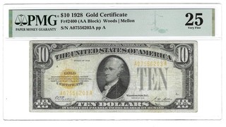 1928 $10 PMG 25 Gold Certificate Better Type Ten Dollar Note Very Fine