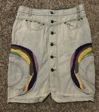 Oilily Vintage Women  s Skirt Size 40 Denim Button Front Embroidered Pockets
