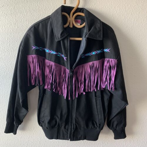 Vintage Fringe Indian Aztec Embroidered Jacket Western Motorcycle S/M Boho Hippy - Afbeelding 1 van 6