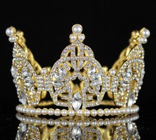 MINI BUN TIARA HAIR CROWN FAUX PEARL AUSTRIAN RHINESTONE CAKE TOPPER M2313G GOLD